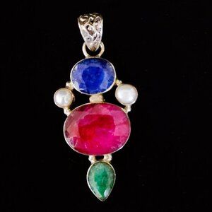 Vintage 925 Sterling Silver Ruby Sapphire Emerald Pearl Pendant Necklace